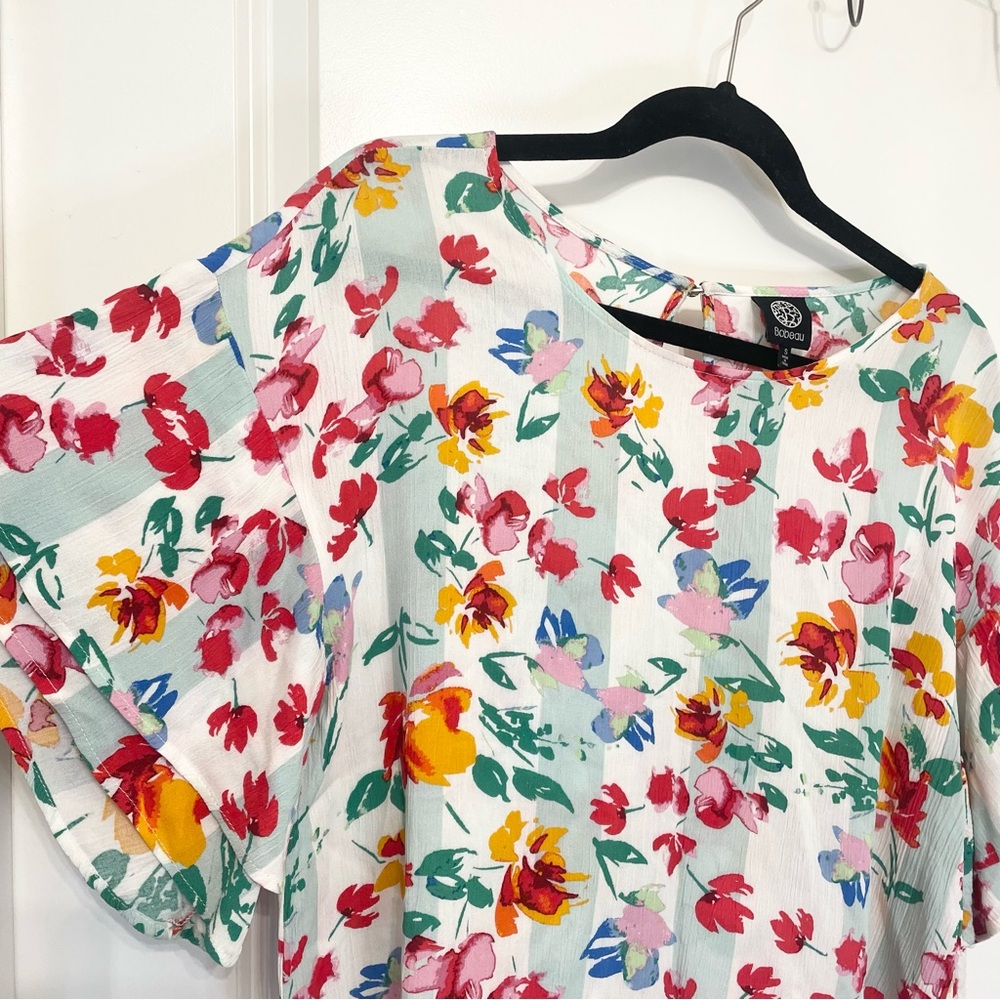 Bobeau Watercolor Floral White Green Bat Ruffle‎ Sleeve Summer Blouse-Small - Picture 3 of 9